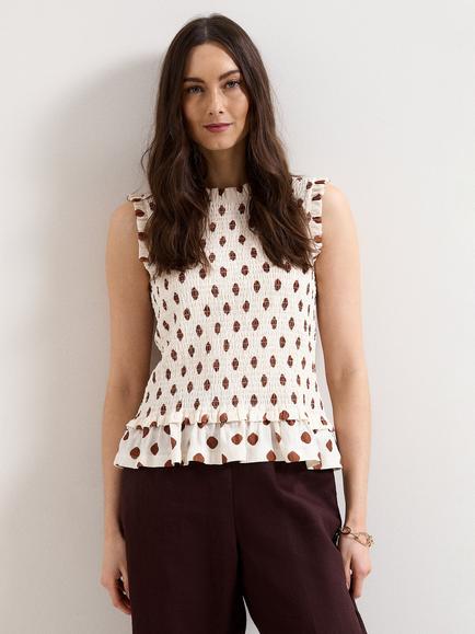 Phase Eight Lenora Spot Sleeveless Shirred Top, Cream, Cream