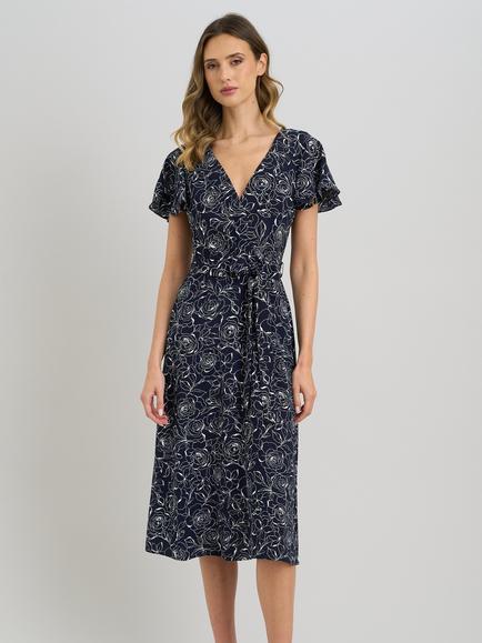 Gina Bacconi Persia Faux Wrap Flutter Sleeve Dress, Navy/White, Navy/White