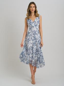 Gina Bacconi India Chiffon Print Dress, Blue/White, Blue/White