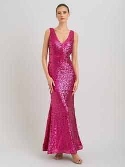 Gina Bacconi Miller Sequin V Neck Maxi Dress, Fuchsia, Fuchsia