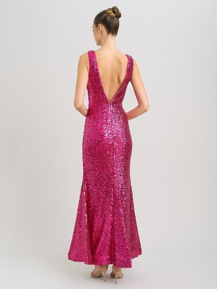Gina Bacconi Miller Sequin V Neck Maxi Dress, Fuchsia - view 2, Fuchsia