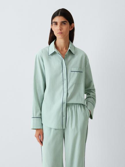 John Lewis Stripe Long Cotton Blend Pyjama Set, Green, Green