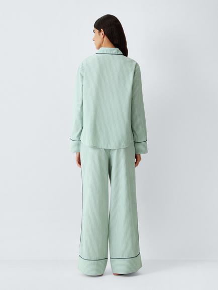 John Lewis Stripe Long Cotton Blend Pyjama Set, Green - view 2, Green
