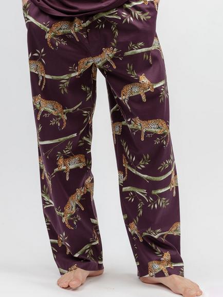 Cyberjammies Leopard Print Cotton Blend Pyjama Bottoms, Plum/Multi, Plum/Multi