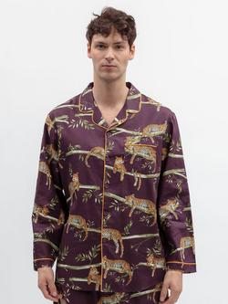 Cyberjammies Button Through Leopard Print Cotton Blend Pyjama Top, Plum/Multi, Plum/Multi