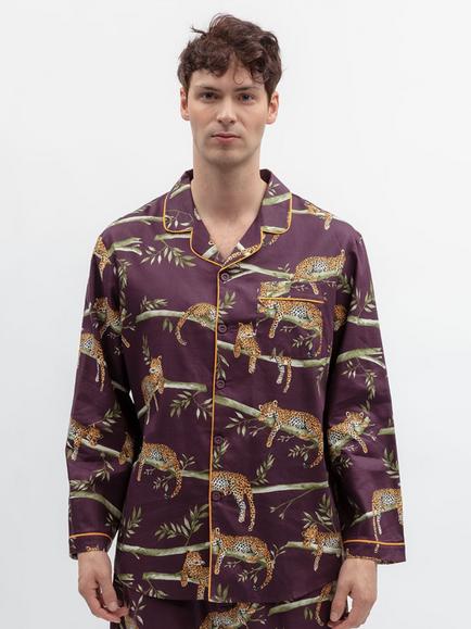 Cyberjammies Button Through Leopard Print Cotton Blend Pyjama Top, Plum/Multi, Plum/Multi