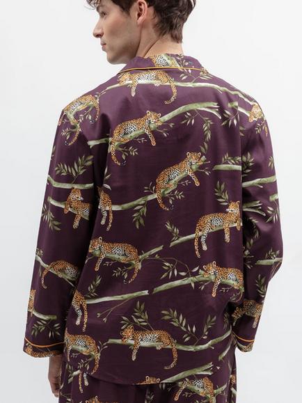 Cyberjammies Button Through Leopard Print Cotton Blend Pyjama Top, Plum/Multi - view 2, Plum/Multi