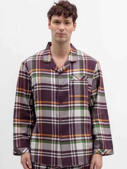 Cyberjammies Button Through Check Cotton Pyjama Top, Plum/Multi, Plum/Multi