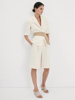 Mango Elbow Length Sleeve Belted Waist Blazer, Beige, Beige