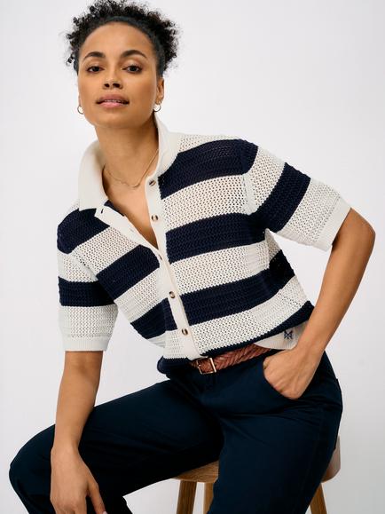 Crew Clothing Sade Stripe Pointelle Beach Cardigan, Navy/White, Navy/White