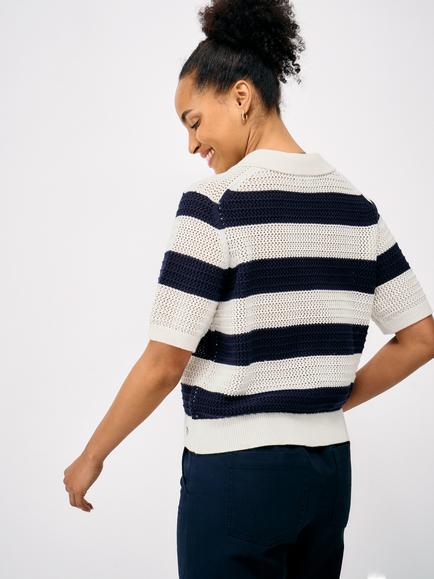 Crew Clothing Sade Stripe Pointelle Beach Cardigan, Navy/White - view 2, Navy/White