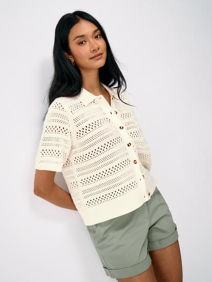 Crew Clothing Short Sleeve Pointelle Cotton Cardigan, White, White
