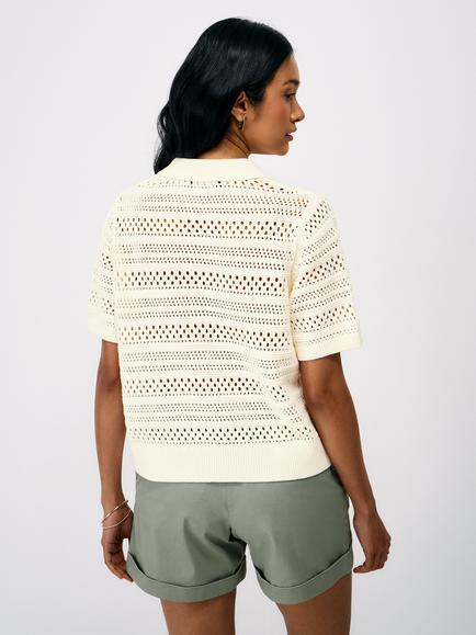 Crew Clothing Short Sleeve Pointelle Cotton Cardigan, White - view 2, White