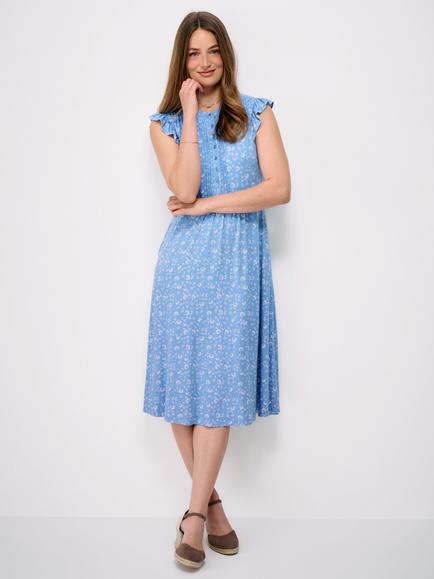 Crew Clothing Lydia Frill Sleeve Jersey Dress containing LENZING™ ECOVERO™ Viscose, Blue/White, Blue/White