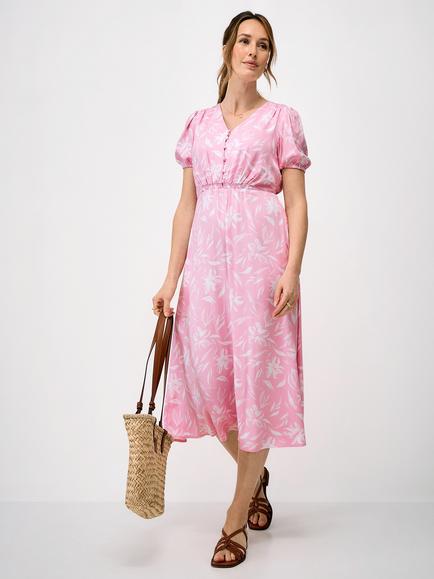 Crew Clothing Ava Floral V-Neck Tea Dress, Pink/White, Pink/White