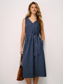 Crew Clothing Leona V-Neck Midi Dress, Blue/White, Blue/White