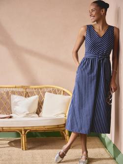 Crew Clothing Leona V-Neck Midi Dress, Blue/White - view 2, Blue/White