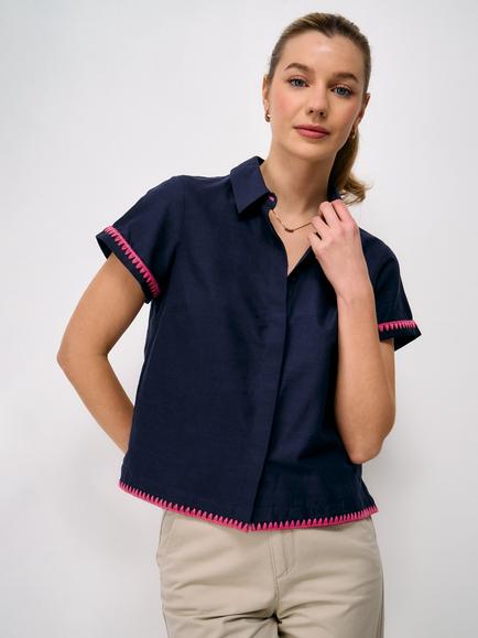Crew Clothing Stitch Edge Short Sleeve Shirt, Navy/Pink, Navy/Pink