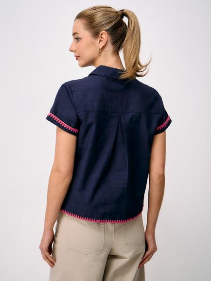 Crew Clothing Stitch Edge Short Sleeve Shirt, Navy/Pink - view 2, Navy/Pink