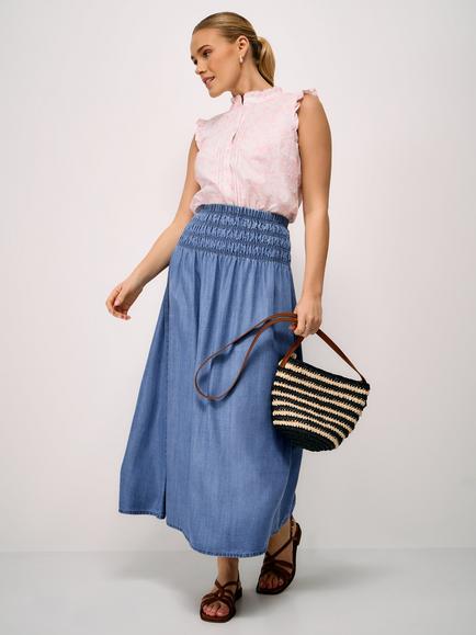 Crew Clothing Stella Shirred-Waist Skirt, Denim Blue, Denim Blue