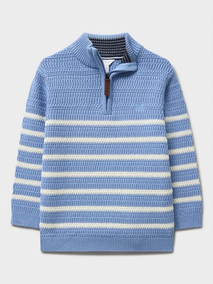 Crew Clothing Kids' Stripe Half Zip Knit Jumper, Light Blue, Light Blue