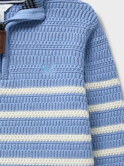 Crew Clothing Kids' Stripe Half Zip Knit Jumper, Light Blue - view 2, Light Blue