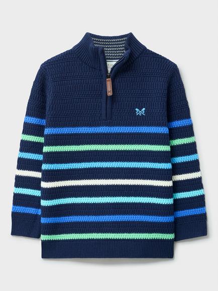 Crew Clothing Kids' Stripe Half Zip Knit Jumper, Blue Multi, Blue Multi