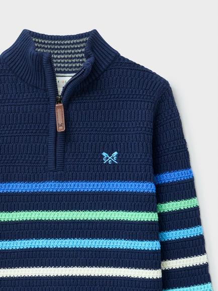 Crew Clothing Kids' Stripe Half Zip Knit Jumper, Blue Multi - view 2, Blue Multi