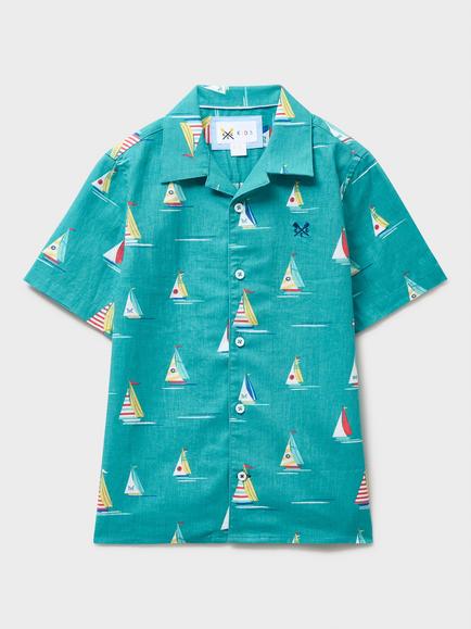 Crew Clothing Kids' Linen Blend Sailing Boat Print Resort Shirt, Turquoise Blue, Turquoise Blue