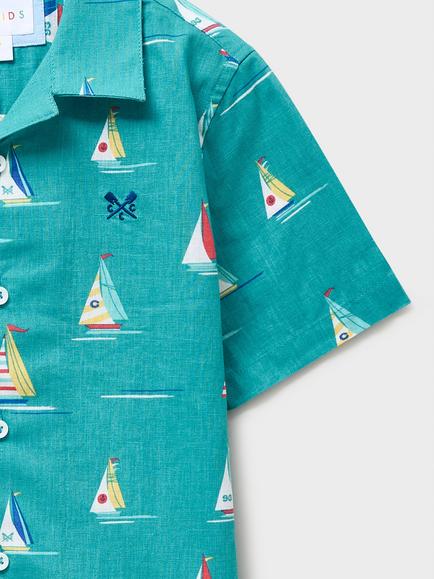 Crew Clothing Kids' Linen Blend Sailing Boat Print Resort Shirt, Turquoise Blue - view 2, Turquoise Blue