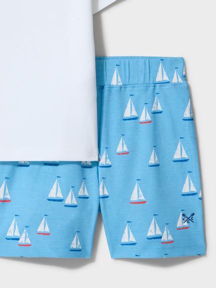 Crew Clothing Kids' Boat Print Short Pyjama Set, Blue Multi - view 2, Blue Multi