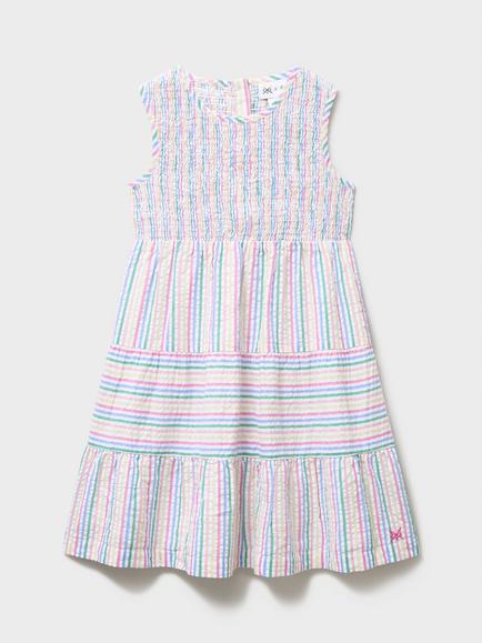 Crew Clothing Kids' Seersucker Wavy Stripe Dress, White, White