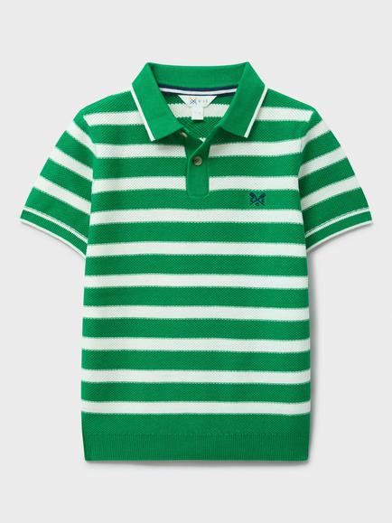 Crew Clothing Kids' Knitted Stripe Polo Shirt, Mid Green, Mid Green