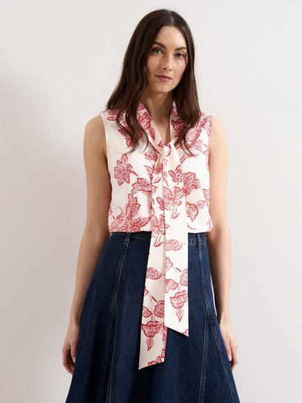 Phase Eight Junie Floral Tie Neck Blouse, Red, Red