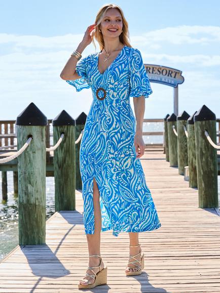 Sosandar Abstract Print Hoop Detail Midi Dress, Blue, Blue
