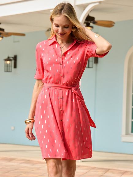 Sosandar Short Sleeve Metallic Spot Shirt Dress, Coral - view 2, Coral