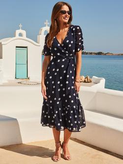 Sosandar Short Sleeve Spot Print Faux Wrap Dress, Navy Blue/White, Navy Blue/White