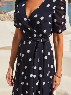 Sosandar Short Sleeve Spot Print Faux Wrap Dress, Navy Blue/White - view 2, Navy Blue/White