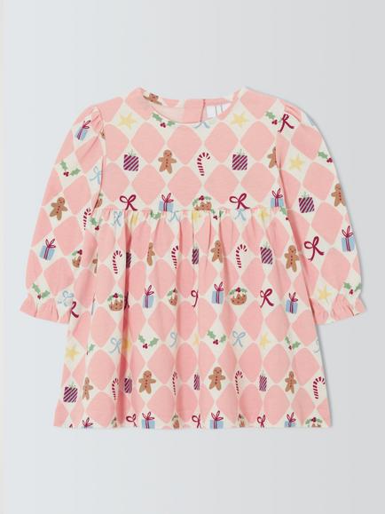 John Lewis Baby Harlequin Christmas Jersey Dress, Pink, Pink