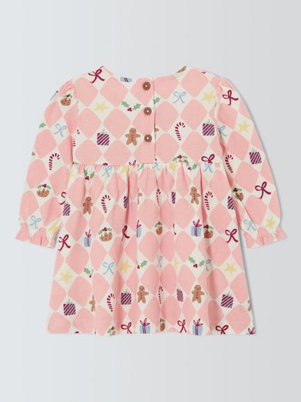 John Lewis Baby Harlequin Christmas Jersey Dress, Pink - view 2, Pink