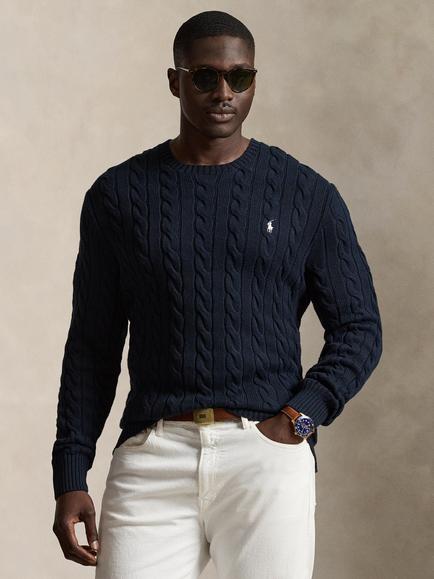 Polo Ralph Lauren Cable Knit Crew Neck Cotton Jumper, Hunter Navy W/C8135, Hunter Navy W/ C8135
