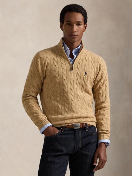 Polo Ralph Lauren Wool Rich Quarter-Zip Cable Knit Jumper, Camel Melange, Camel Melange