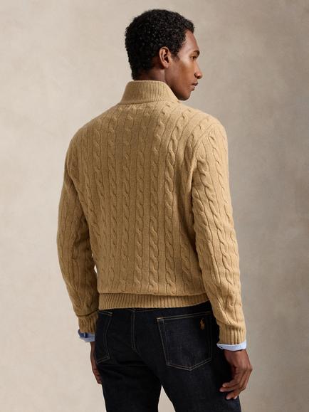 Polo Ralph Lauren Wool Rich Quarter-Zip Cable Knit Jumper, Camel Melange - view 2, Camel Melange
