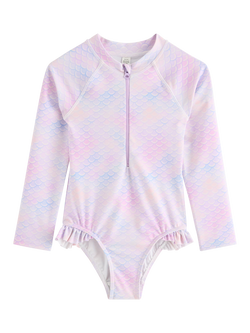Lindex Kids' Mermaid Print Long Sleeve Ruffle Swimsuit, Light Pink, Light Pink