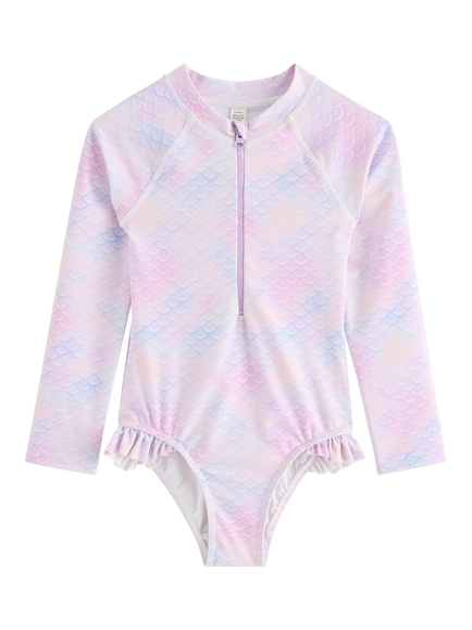Lindex Kids' Mermaid Print Long Sleeve Ruffle Swimsuit, Light Pink, Light Pink