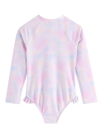 Lindex Kids' Mermaid Print Long Sleeve Ruffle Swimsuit, Light Pink - view 2, Light Pink