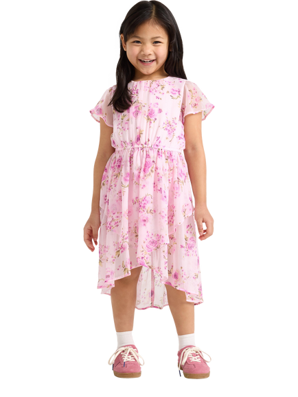 Lindex Kids' Floral Short Sleeve Midi Dress, Light Pink, Light Pink