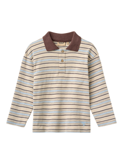 WHEAT Kids' Long Sleeve Striped Polo Shirt, Brown/Multi, Brown/Multi