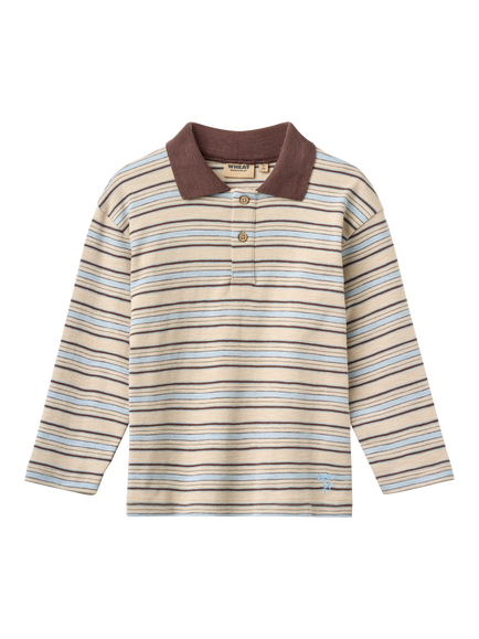 WHEAT Kids' Long Sleeve Striped Polo Shirt, Brown/Multi, Brown/Multi