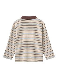 WHEAT Kids' Long Sleeve Striped Polo Shirt, Brown/Multi - view 2, Brown/Multi